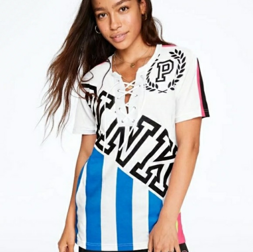 PINK Victoria's Secret Neon Striped Lace Up Tee